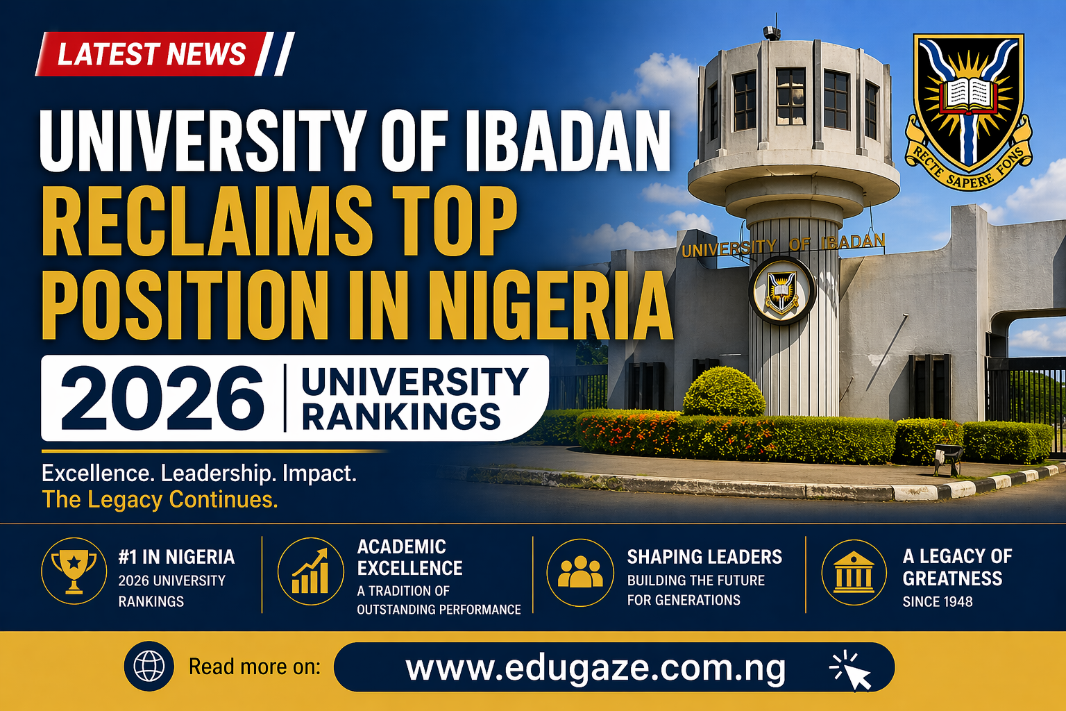 University of Ibadan Reclaims Top Position in Nigeria 2026 University Rankings | Latest Higher Institution News in Nigeria