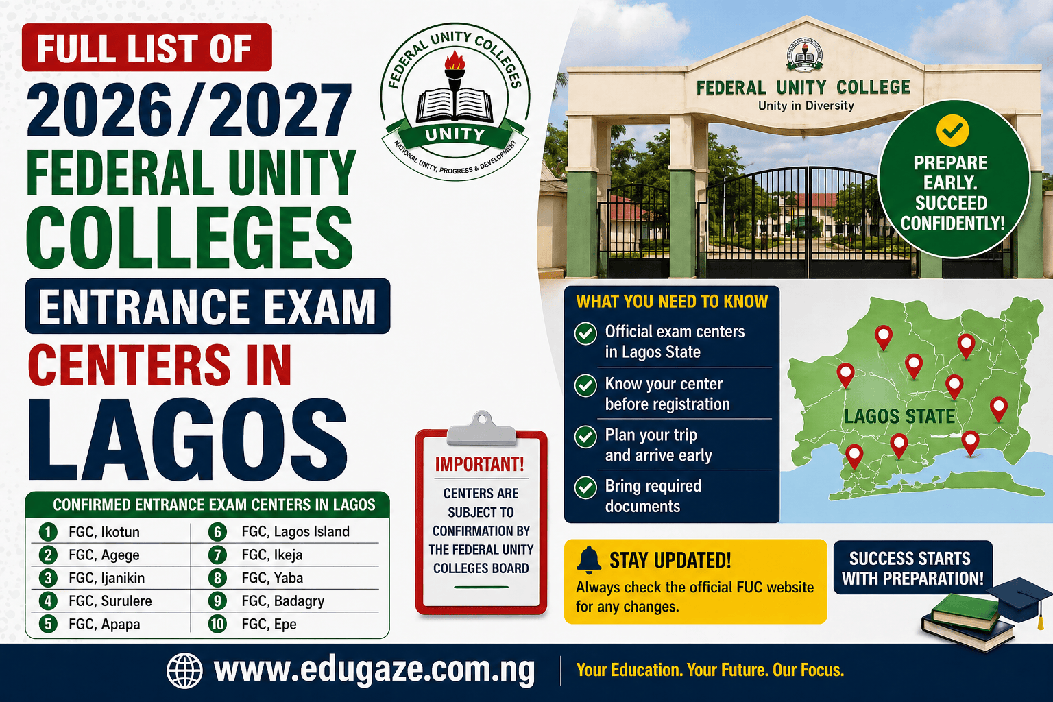 Full List of 2026/2027 Federal Unity Colleges Entrance Exam Centers in Lagos